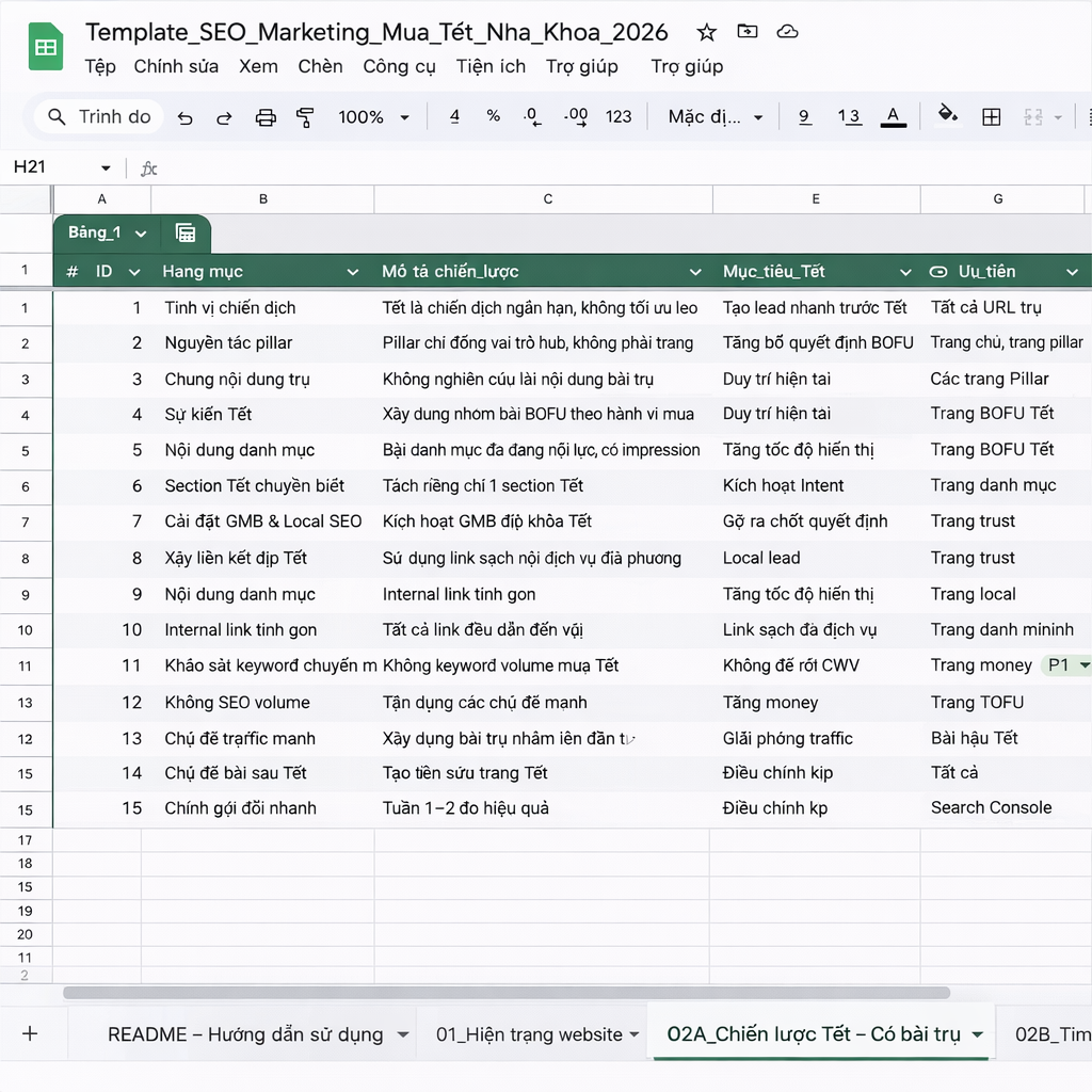 Seo Marketing Mua Tet Cho Nha Khoa 2A Vuong - Template Seo Marketing Mùa Tết Cho Nha Khoa 2026 – Triển Khai 45 Ngày Ra Lead Seo Marketing Mùa Tết Cho Nha Khoa 2A Vuong