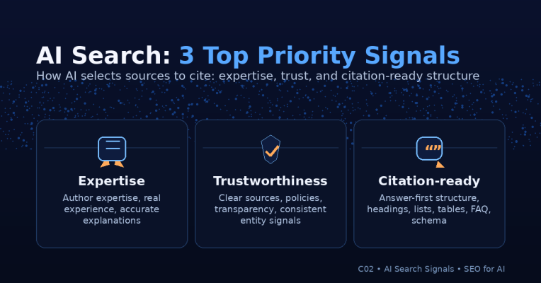 Infographic Ai Search: 3 Tín Hiệu Ưu Tiên Gồm Expertise, Trustworthiness Và Citation-Ready Để Ai Chọn Nguồn Trích Dẫn