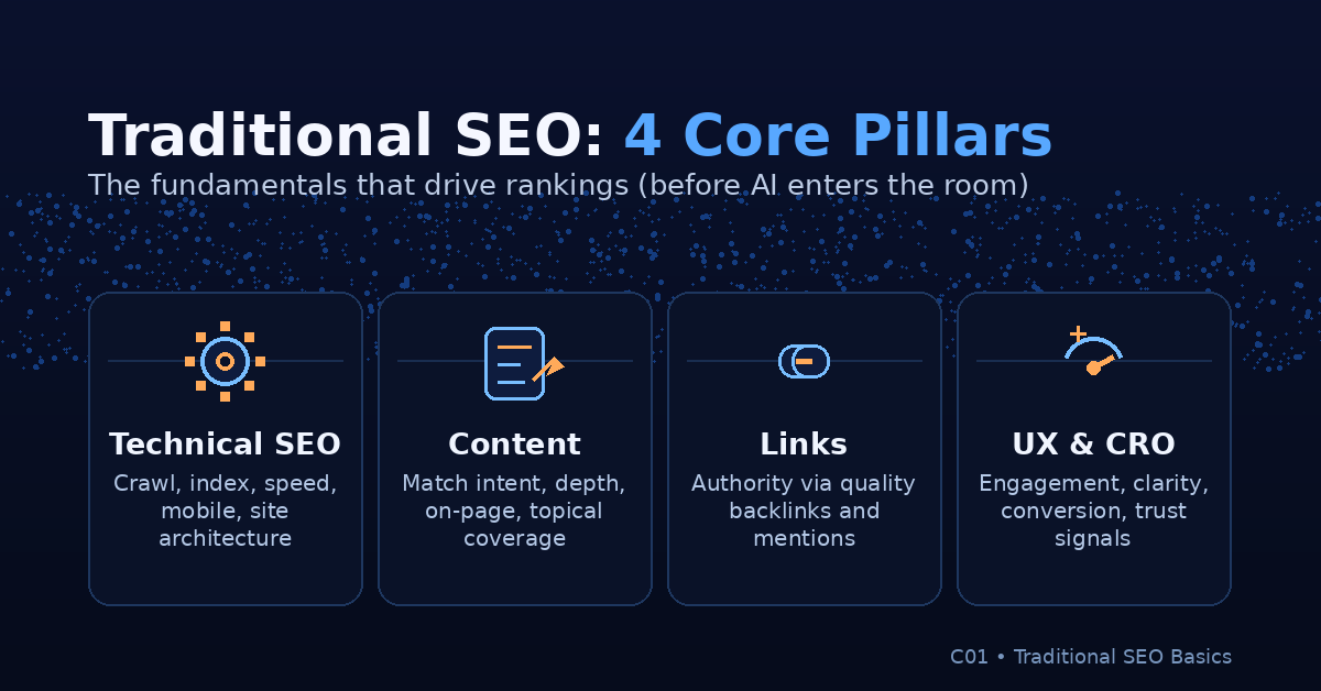 C01 Traditional Seo 4 Core Pillars Safe - Seo Cho Ai Là Gì? (Seo Ai) Hướng Dẫn Nền Tảng Để Được Ai Trích Dẫn Năm 2026 Infographic 4 Trụ Cột Seo Truyền Thống Gồm Technical Seo, Content, Links Và Ux &Amp; Cro