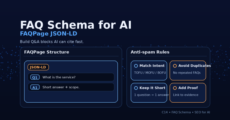 Infographic Faq Schema For Ai: Cấu Trúc Faqpage Json-Ld Với Khối Q&Amp;A Và 4 Nguyên Tắc Chống Spam (Match Intent, Avoid Duplicates, Keep It Short, Add Proof)