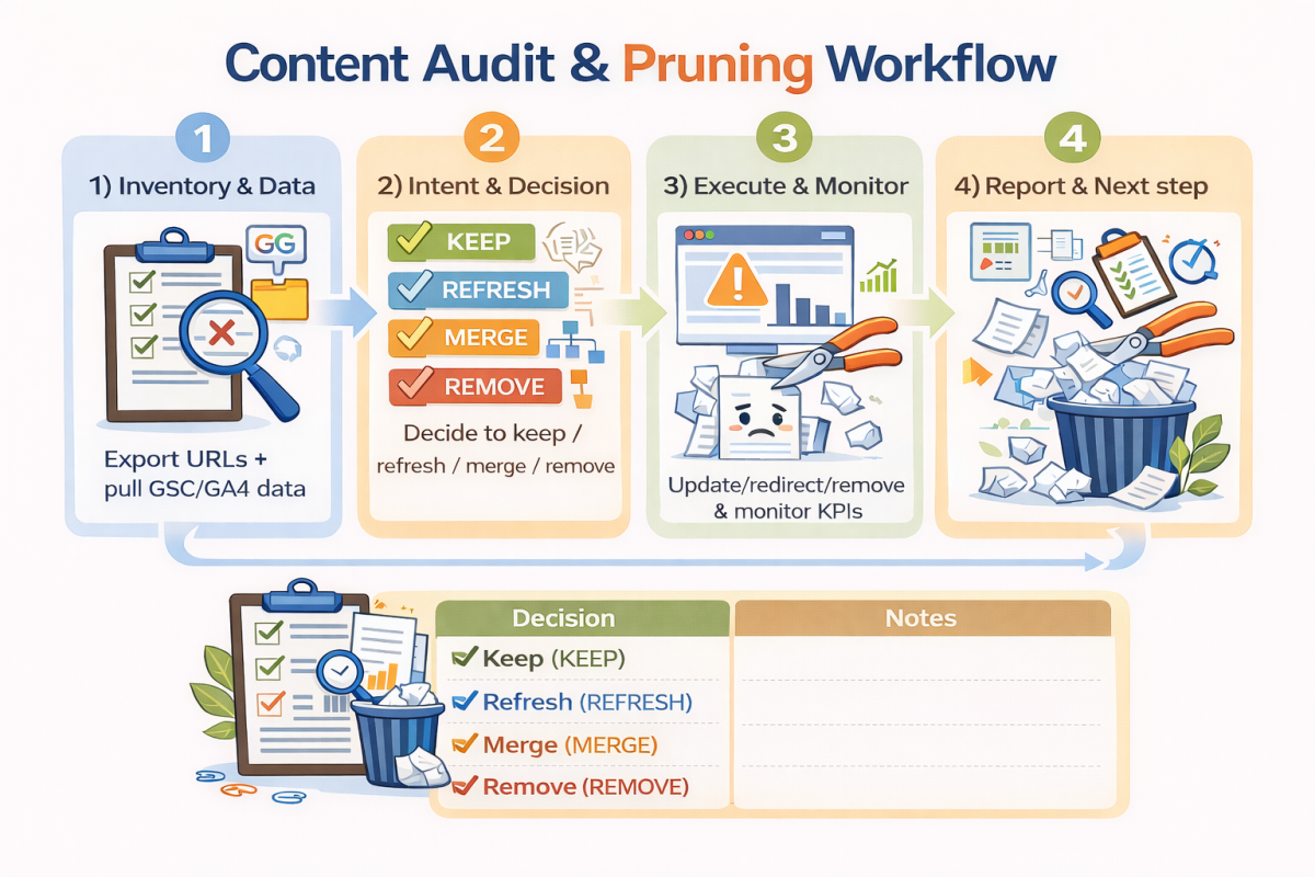Content Audit Pruning Workflow Infographic 1 - Content Audit &Amp; Pruning - Quy Trình Lọc Gộp Thin Content Content Audit &Amp; Pruning Workflow Infographic Showing 4 Steps: Inventory &Amp; Data, Intent &Amp; Decision, Execute &Amp; Monitor, And Report &Amp; Next Step.