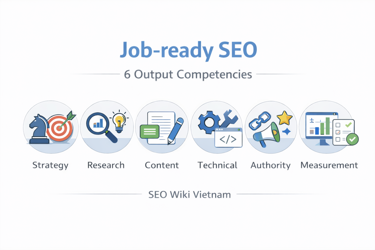 Job Ready Seo 6 Nang Luc Dau Ra - Seo Đi Làm Được Là Gì? Infographic “Job-Ready Seo” Mô Tả 6 Năng Lực Đầu Ra: Strategy, Research, Content, Technical, Authority, Measurement.