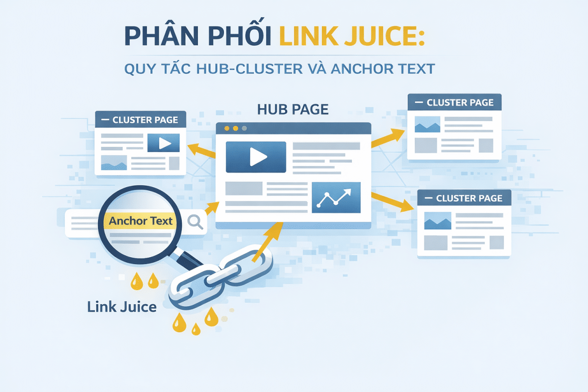 Phan Phoi Link Juice Hub Cluster Anchor Text - Phân Phối Link Juice - Quy Tắc Hub-Cluster Và Anchor Text Sơ Đồ Hub-Cluster Minh Họa Phân Phối Giá Trị Liên Kết Bằng Liên Kết Nội Bộ Và Anchor Text