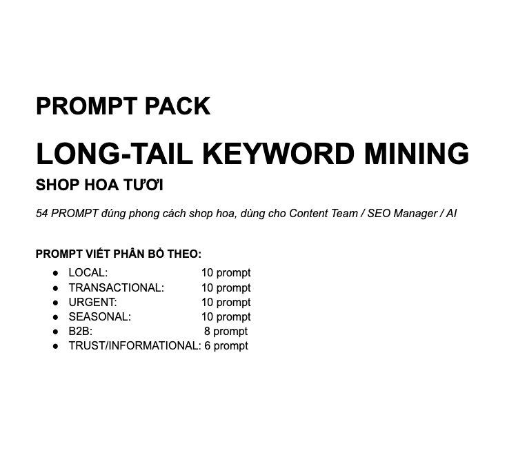 Prompt Pack 00 - Template Khai Thác Từ Khóa Dài – Hệ Thống Seo Ra Đơn Thực Prompt Pack Shop Hoa Tươi Bản Pro Tổng Quan