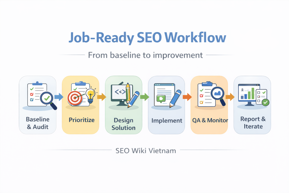 Quy Trinh Seo Job Ready Baseline Audit Prioritize Design Implement Qa Monitor Report Iterate - Seo Đi Làm Được Là Gì? Infographic Quy Trình Seo Job-Ready Theo Dự Án Thật Gồm 6 Bước: Baseline &Amp; Audit, Prioritize, Design Solution, Implement, Qa &Amp; Monitor, Report &Amp; Iterate.