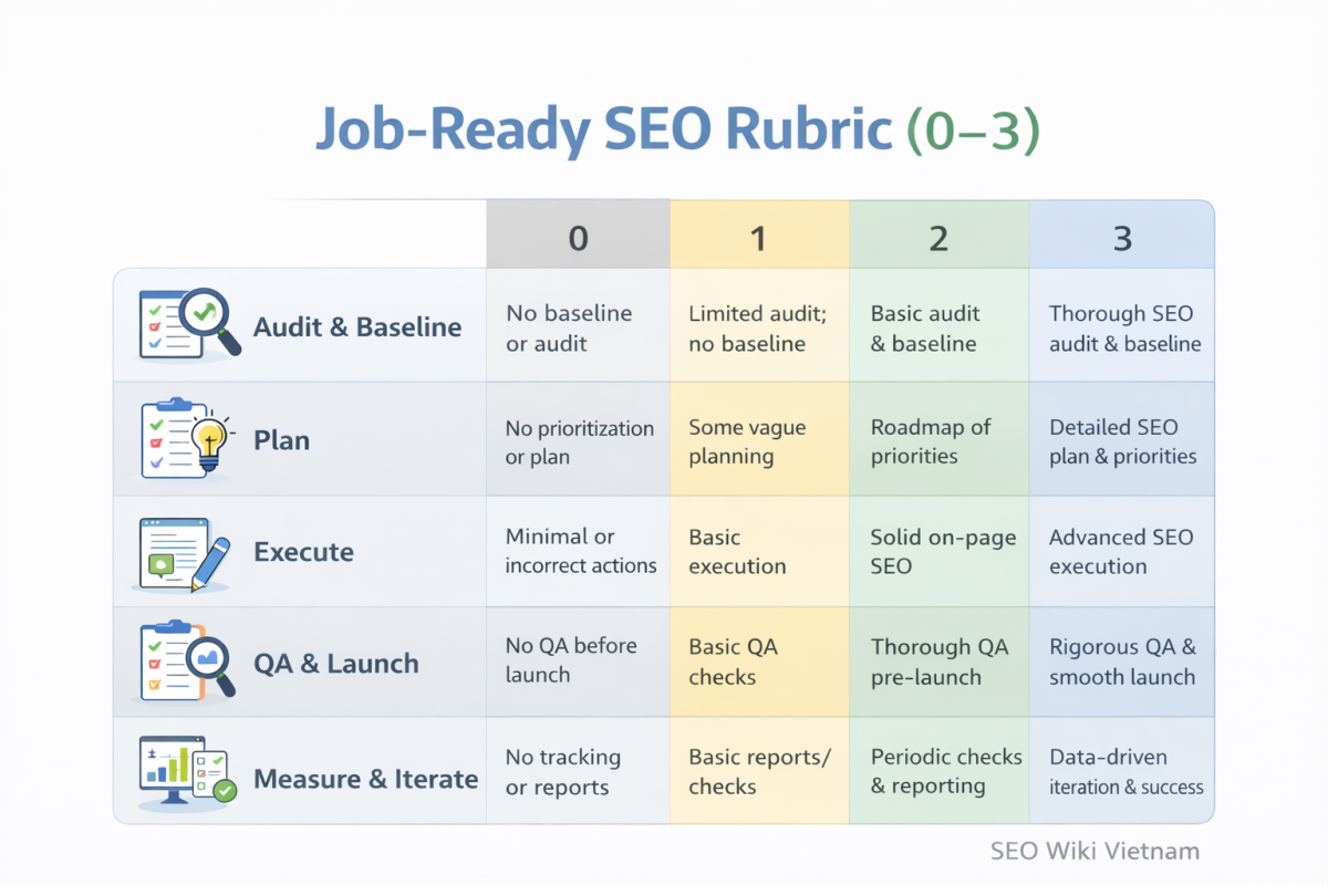 Rubric Danh Gia Seo Job Ready 0 3 - Seo Đi Làm Được Là Gì? Infographic Rubric Đánh Giá Seo Job-Ready Theo Thang 0–3 Cho 5 Giai Đoạn: Audit &Amp; Baseline, Plan, Execute, Qa &Amp; Launch, Measure &Amp; Iterate (Seo Wiki Vietnam).