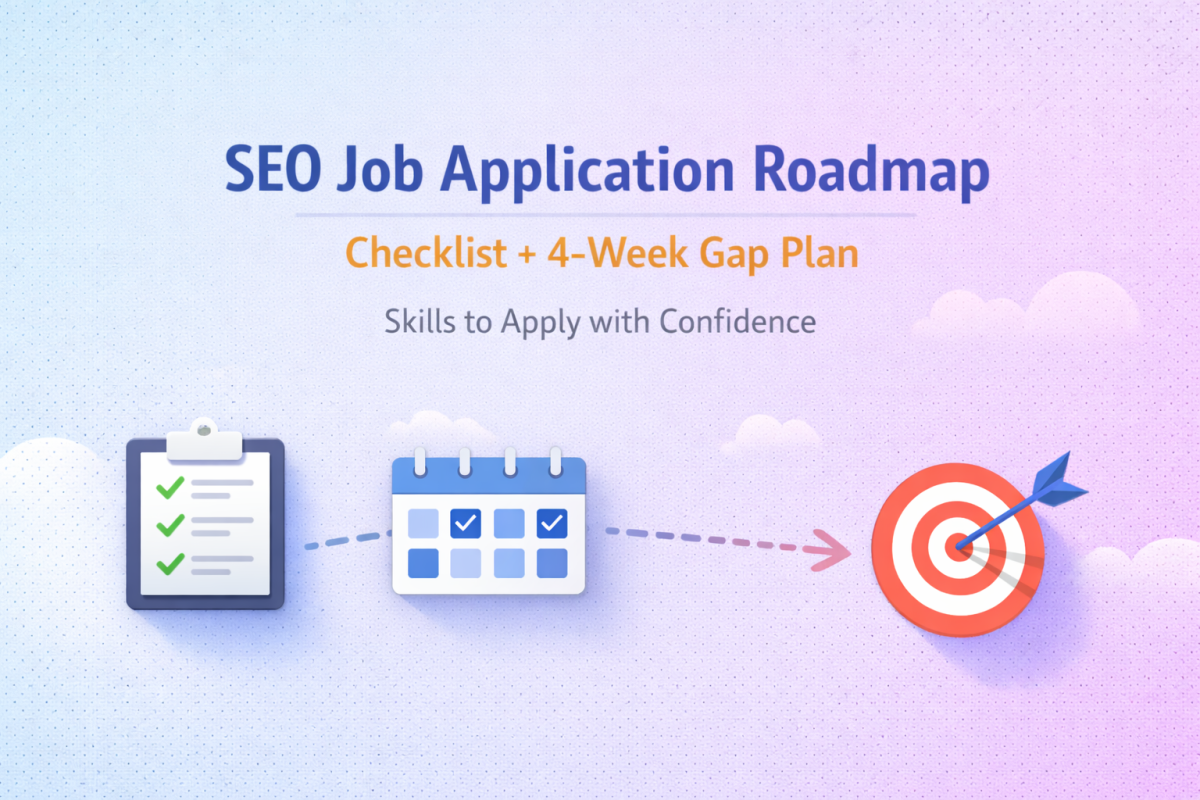 Seo Job Application Roadmap Checklist 4 Week Gap Plan - Roadmap Năng Lực Apply Job Seo: Checklist &Amp; Gap Plan 4 Tuần Banner Lộ Trình Apply Job Seo: Checklist Năng Lực Và Kế Hoạch Bù Gap 4 Tuần Với Biểu Tượng Checklist, Lịch 4 Tuần Và Mục Tiêu