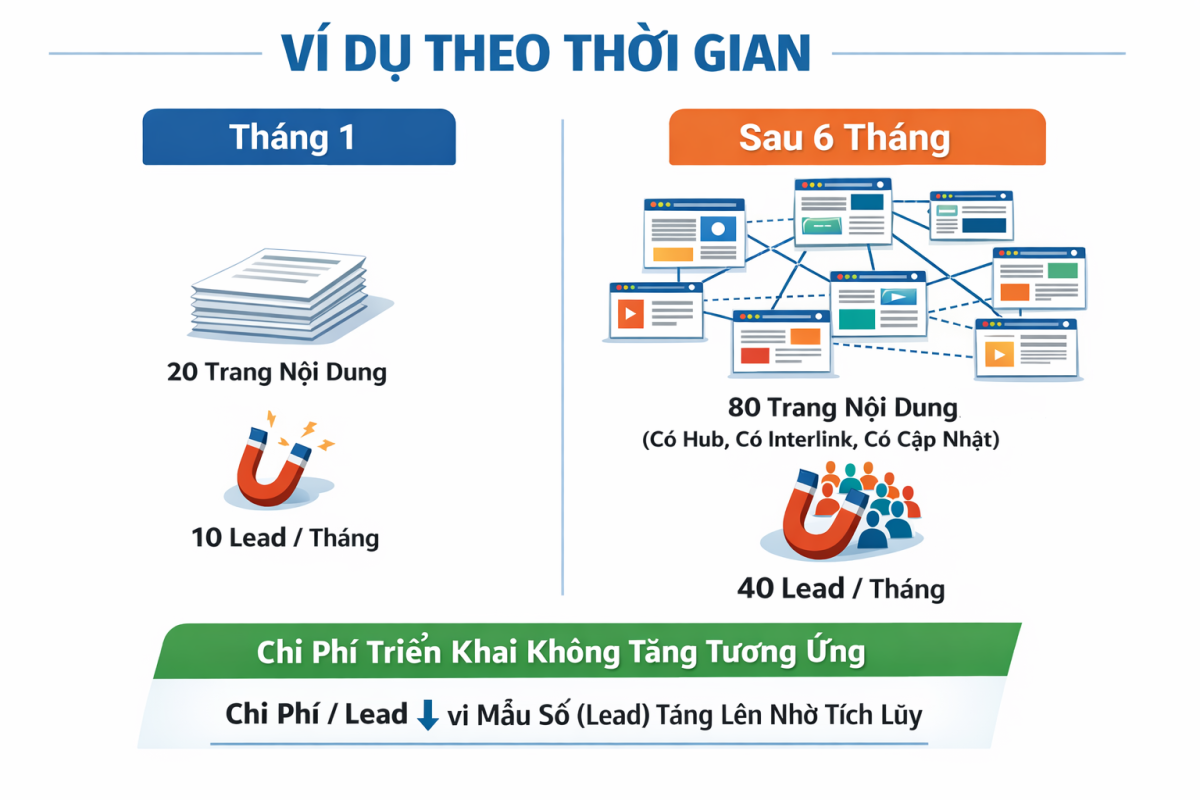 Vi Du Theo Thoi Gian Seo Website Tich Luy Lead - Seo Là Đầu Tư Dài Hạn: Càng Làm Càng “Rẻ” Theo Thời Gian Ví Dụ Theo Thời Gian: Tháng 1 Có 20 Trang Nội Dung Tạo 10 Lead/Tháng, Sau 6 Tháng Có 80 Trang (Hub, Interlink, Cập Nhật) Tạo 40 Lead/Tháng