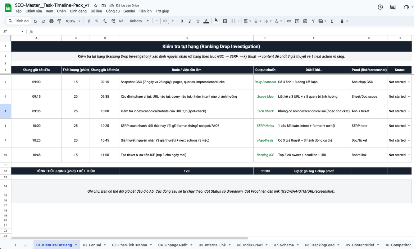 Template 8H Seo Junior 1 - Một Ngày Của Seo Junior: 12 Task Thật + Thời Lượng + Tiêu Chí Done Template 8H Seo Junior