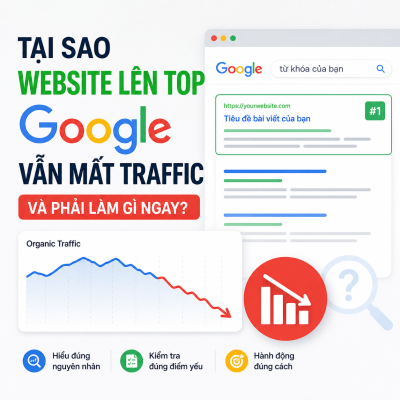 Minh Họa Website Đang Lên Top Google Nhưng Organic Traffic Giảm, Kèm Biểu Đồ Sụt Giảm Và Các Bước Kiểm Tra Nguyên Nhân Seo.